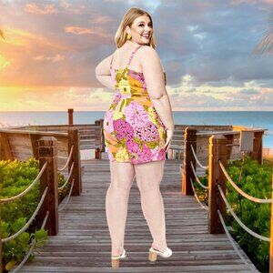 Unique Vintage Floral Dolly Romper Mini Short Dress Sleeveless Pockets Plus Size